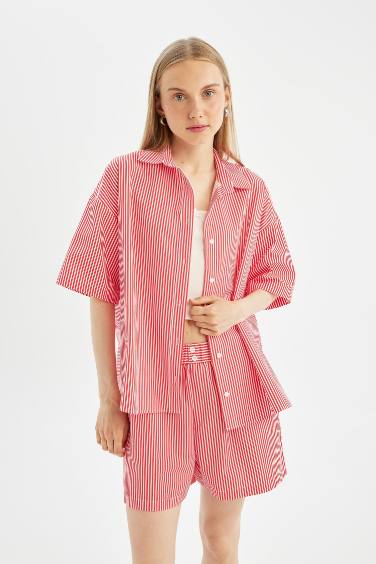 Oversize Striped Poplin Short Sleeve Shirt