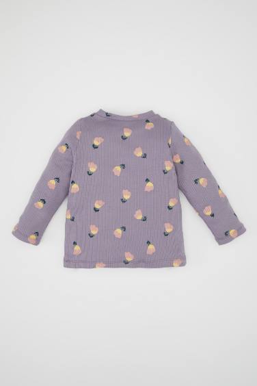 تيشيرت بناتي بنقشة الزهور كم طويل قصة عادية برقبة مستديرة