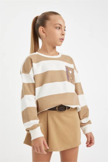 Relax Fit Bisiklet Yaka Nakışlı Sweatshirt Kız Çocuk