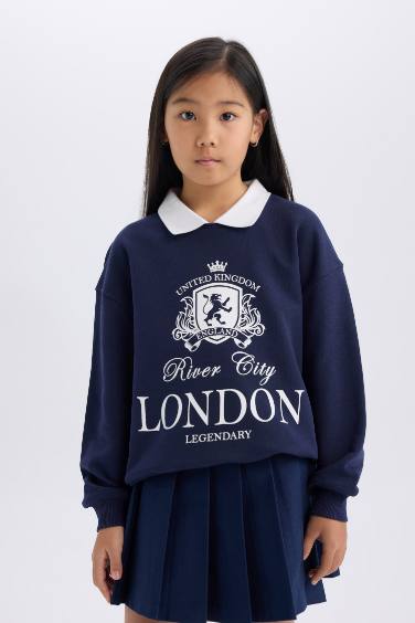 Girl Relax Fit Polo Neck Printed Sweatshirt