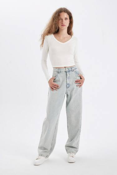 Pantalon Jean Baggy Ample Coupe Ballon Taille Haute et Longueur Cheville