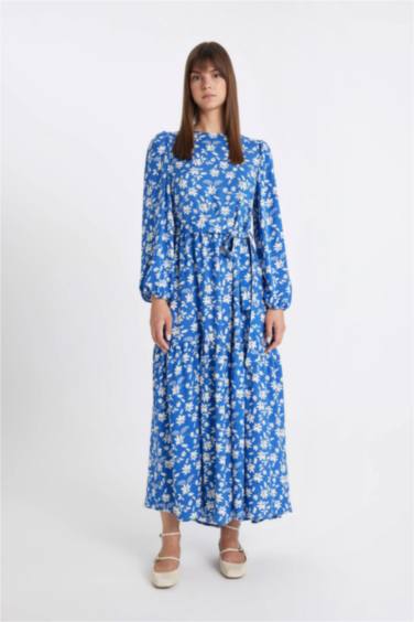 Bisiklet Yaka Desenli Kuşaklı Uzun Kollu Maxi Elbise