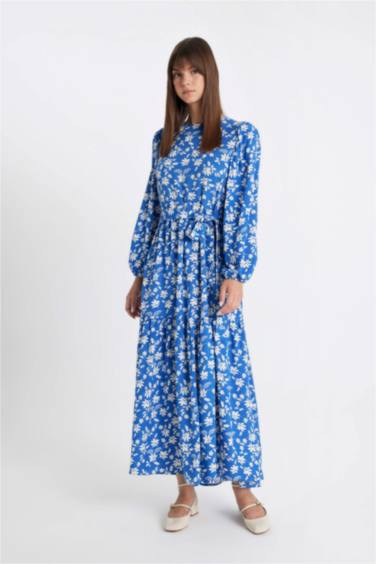 Bisiklet Yaka Desenli Kuşaklı Uzun Kollu Maxi Elbise