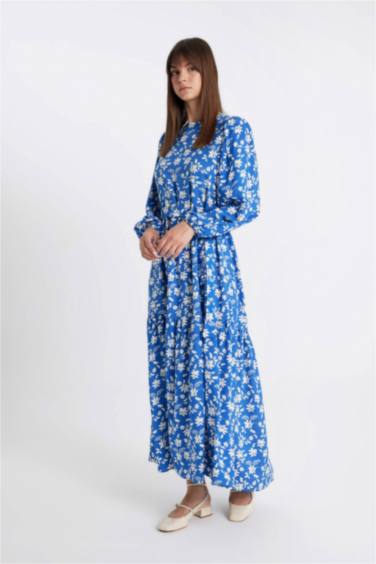 Bisiklet Yaka Desenli Kuşaklı Uzun Kollu Maxi Elbise