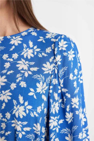 Bisiklet Yaka Desenli Kuşaklı Uzun Kollu Maxi Elbise