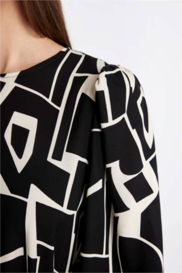 Bisiklet Yaka Desenli Kuşaklı Uzun Kollu Maxi Elbise