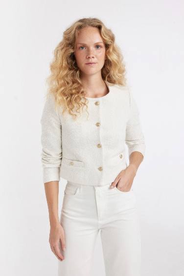 Regular Fit Boat Neck Tweed Blazer Jacket