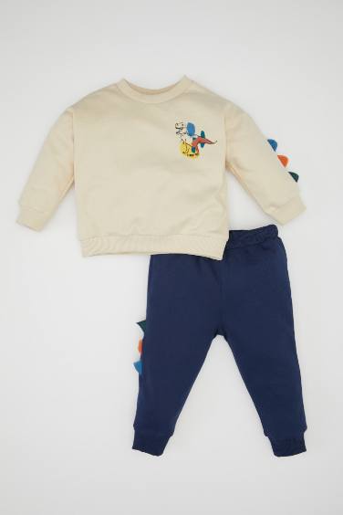 Erkek Bebek 2'li Takım 3D Dinozor Baskılı Bisiklet Yaka Sweatshirt Beli Lastikli Jogger Eşofman Altı