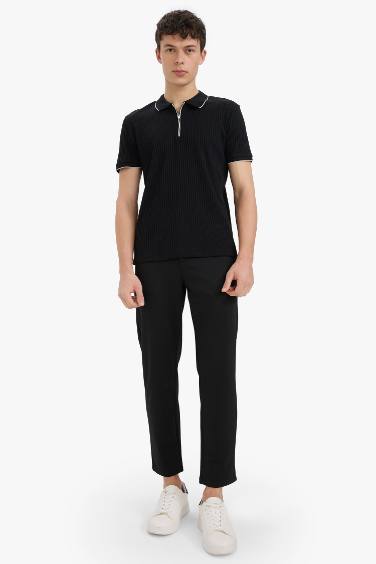 Slim Fit Dar Kesim Polo Yaka Kısa Kollu Fitilli Kaşkorse Yarım Fermuarlı Siyah Tişört