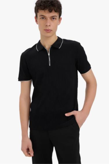 Slim Fit Dar Kesim Polo Yaka Kısa Kollu Fitilli Kaşkorse Yarım Fermuarlı Siyah Tişört