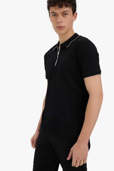 Slim Fit Dar Kesim Polo Yaka Kısa Kollu Fitilli Kaşkorse Yarım Fermuarlı Siyah Tişört