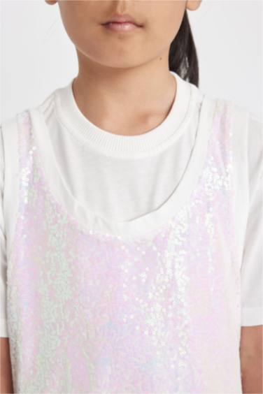 طقم بناتي تيشيرت وفستان بحمالات - قطعتين