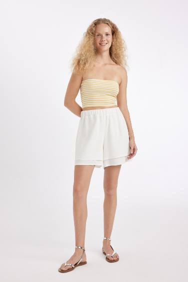 شورت قصير قصة عادية ممزوج بالكتان وخصر عادي