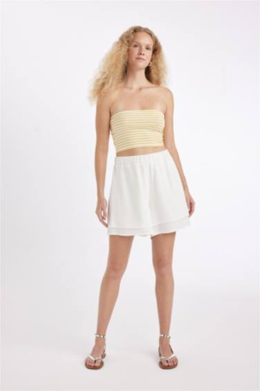 شورت قصير قصة عادية ممزوج بالكتان وخصر عادي