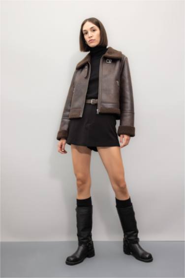 Regular Fit Plush Faux Leather Jacket