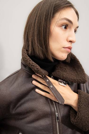 Regular Fit Plush Faux Leather Jacket