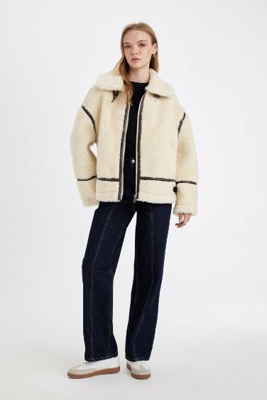 Pelüş Suni Kürk Mont Polo Yaka Fermuarlı Cepli