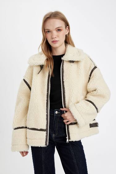 Pelüş Suni Kürk Mont Polo Yaka Fermuarlı Cepli