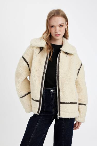 Pelüş Suni Kürk Mont Polo Yaka Fermuarlı Cepli