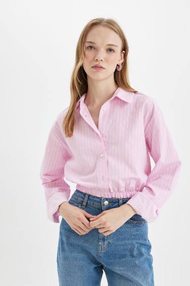 Oversize Geniş Kalıp Çizgili Etek Ucu Lastikli Poplin Uzun Kollu Gömlek