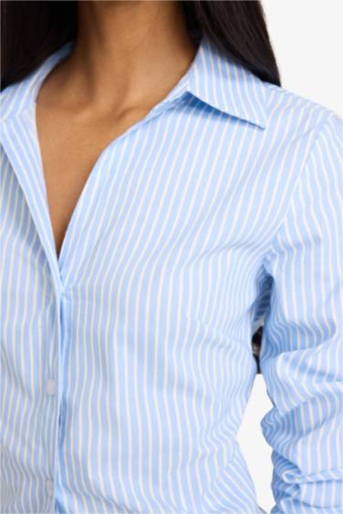 Fitted Çizgili Bengalin Uzun Kollu Gömlek