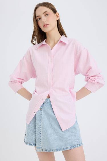 Oversize Geniş Kalıp Çizgili Oxford Uzun Kollu Gömlek