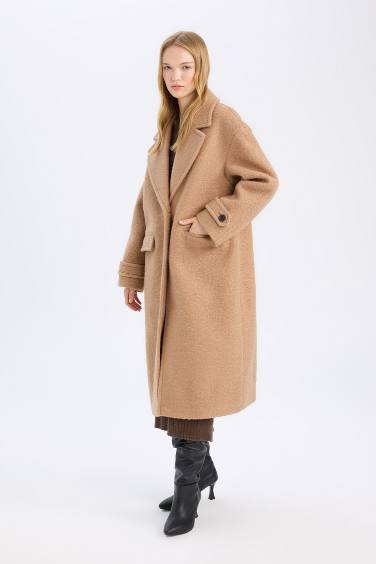 Regular Fit  Uzun Kaşe Kaban Apoletli Ceket Yaka Cepli Düğmeli