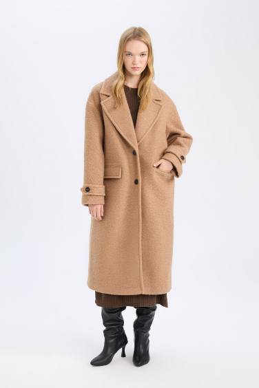 Regular Fit  Uzun Kaşe Kaban Apoletli Ceket Yaka Cepli Düğmeli