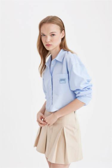 Coool Oversize Geniş Kalıp Basic Düz Cepli Oxford Uzun Kollu Crop Gömlek