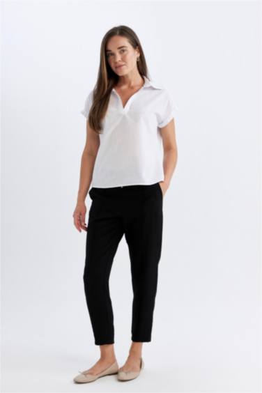 Regular Fit Flamlı Pamuk Polo Yaka Kısa Kollu Bluz