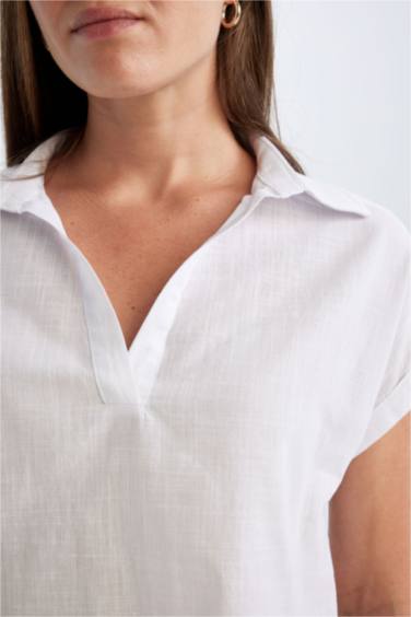 Regular Fit Flamlı Pamuk Polo Yaka Kısa Kollu Bluz