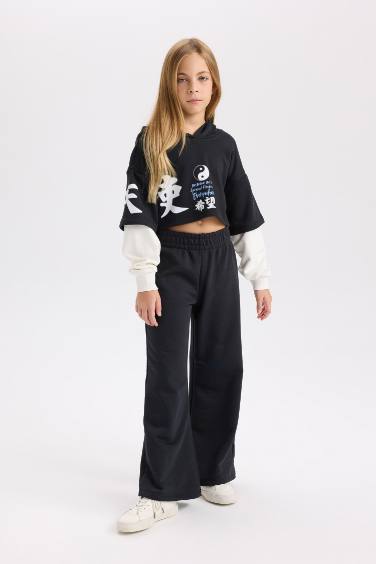 Kız Çocuk 2'li Takım Baskılı Sweatshirt Beli Lastikli Eşofman Altı