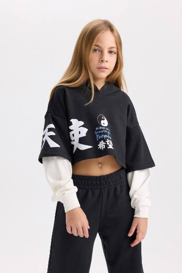 Kız Çocuk 2'li Takım Baskılı Sweatshirt Beli Lastikli Eşofman Altı