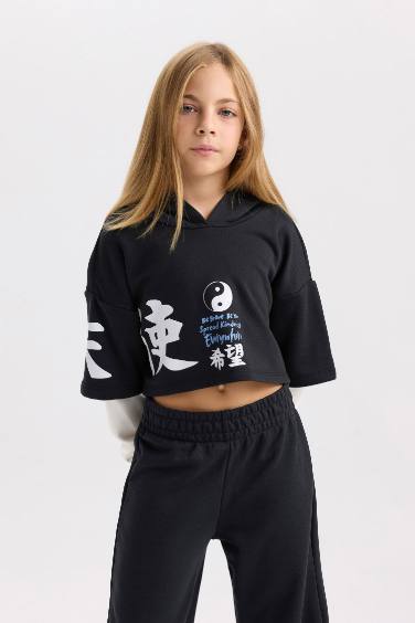 Kız Çocuk 2'li Takım Baskılı Sweatshirt Beli Lastikli Eşofman Altı
