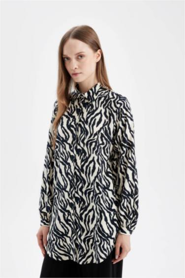 Regular Fit Zebra Desenli Viskon Uzun Kollu Gömlek Tunik