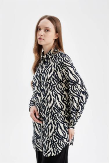Regular Fit Zebra Desenli Viskon Uzun Kollu Gömlek Tunik