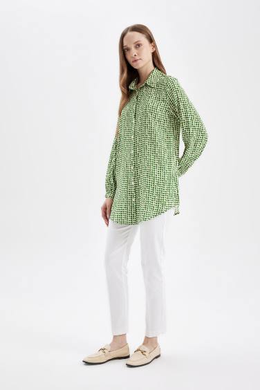 Regular Fit Gömlek Yaka Desenli Viskon Uzun Kollu Gömlek Tunik