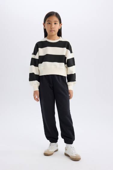 Girl Striped Crew Neck Sweatshirt Sweatpants 2 Piece Set