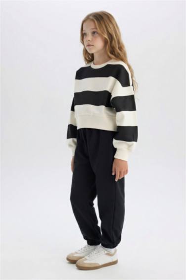 Girl Striped Crew Neck Sweatshirt Sweatpants 2 Piece Set