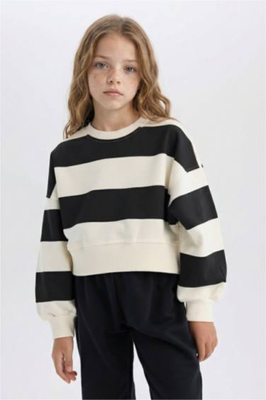 Girl Striped Crew Neck Sweatshirt Sweatpants 2 Piece Set