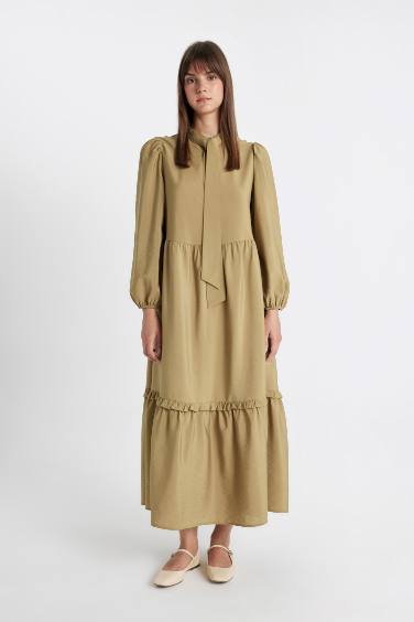 Bow Neck Long Sleeve Maxi Dress