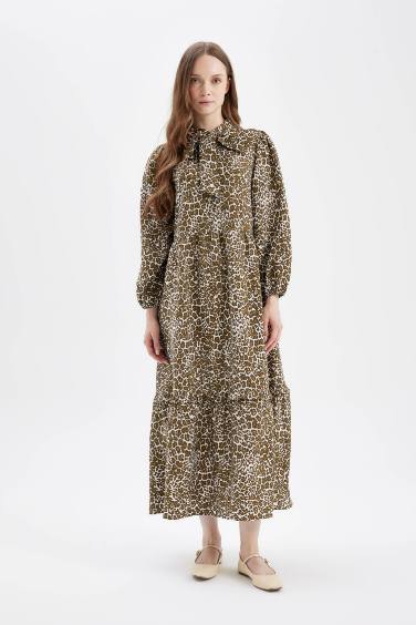 Bow Neck Leopard Print Long Sleeve Maxi Dress