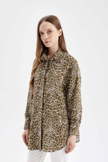Regular Fit Gömlek Yaka Leopar Desenli Uzun Kollu Gömlek Tunik
