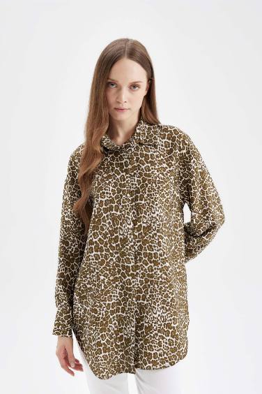 Regular Fit Gömlek Yaka Leopar Desenli Uzun Kollu Gömlek Tunik