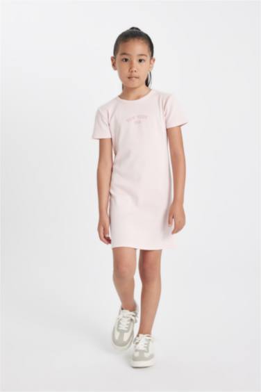 Kız Çocuk Baskılı Fitilli Kaşkorse Kısa Kollu Yazlık Elbise