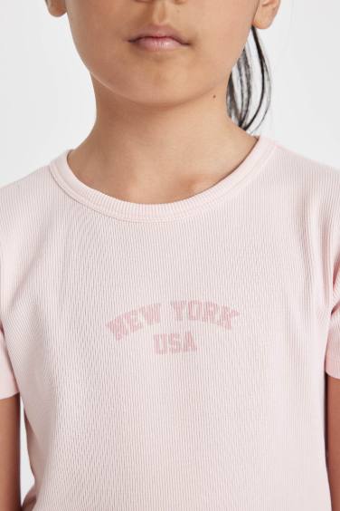 Kız Çocuk Baskılı Fitilli Kaşkorse Kısa Kollu Yazlık Elbise