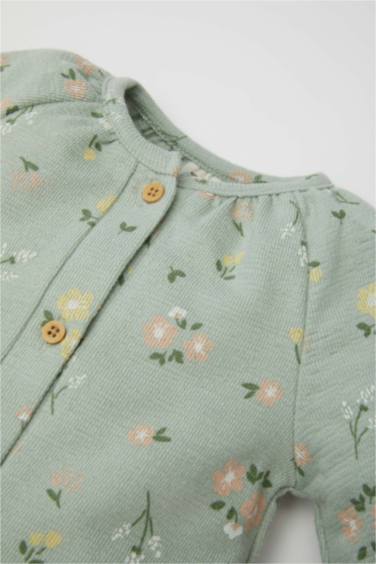 Kız Bebek Yenidoğan Yeşil Düğmeli Çiçek Desenli Uzun Kollu Tulum
