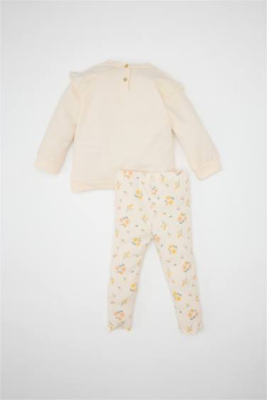 طقم بيبي بناتي سويت شيرت فلورال قصة عادية وبنطلون - قطعتين