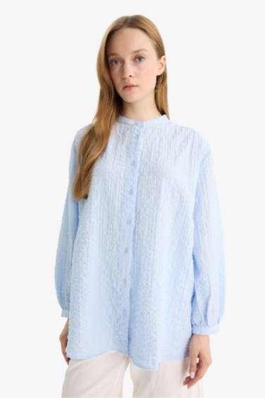 Relax Fıt Bisiklet Yaka Gofre Dokulu Uzun Kollu Tunik