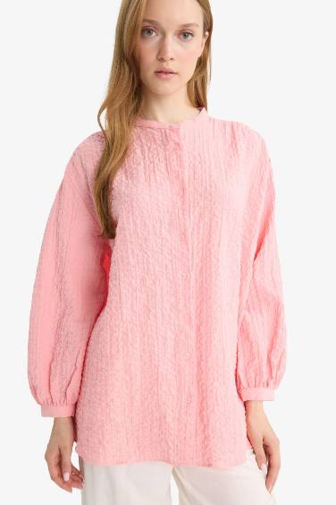 Relax Fit Crew Neck Seersucker Long Sleeve Tunic